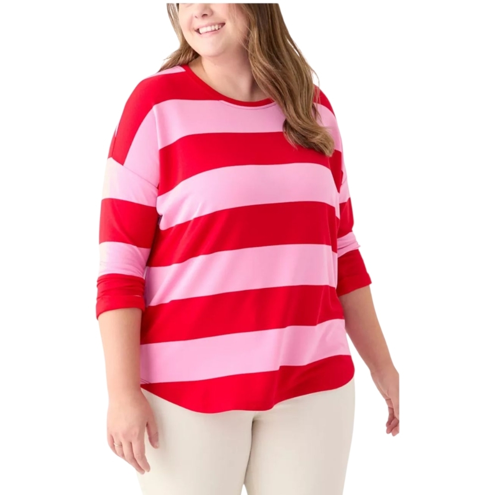 🦄crown & ivy Red and Pink Striped Long Sleeve Top Size M